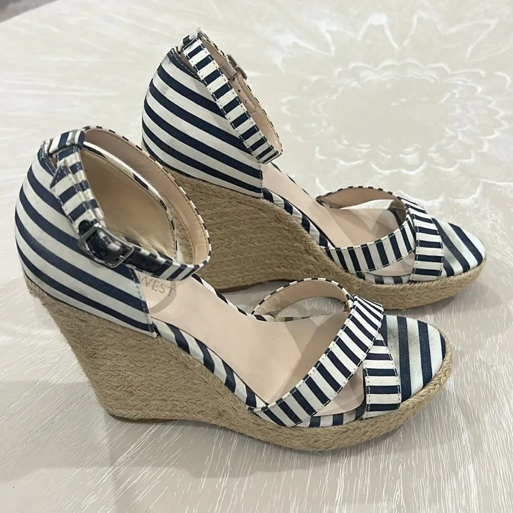 Nine West Blue & White Striped Wedges 7.5